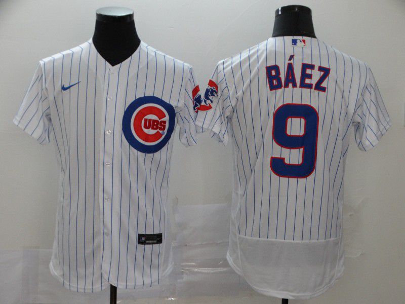 Men Chicago Cubs 9 Baez White stripes Nike Elite MLB Jerseys